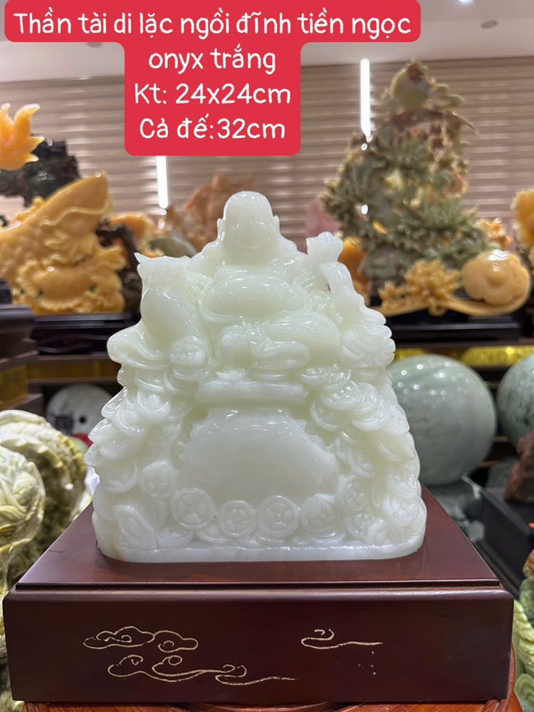 Thần tài di lặc ngồi đĩnh tiền ngọc onyx trắng 32cm