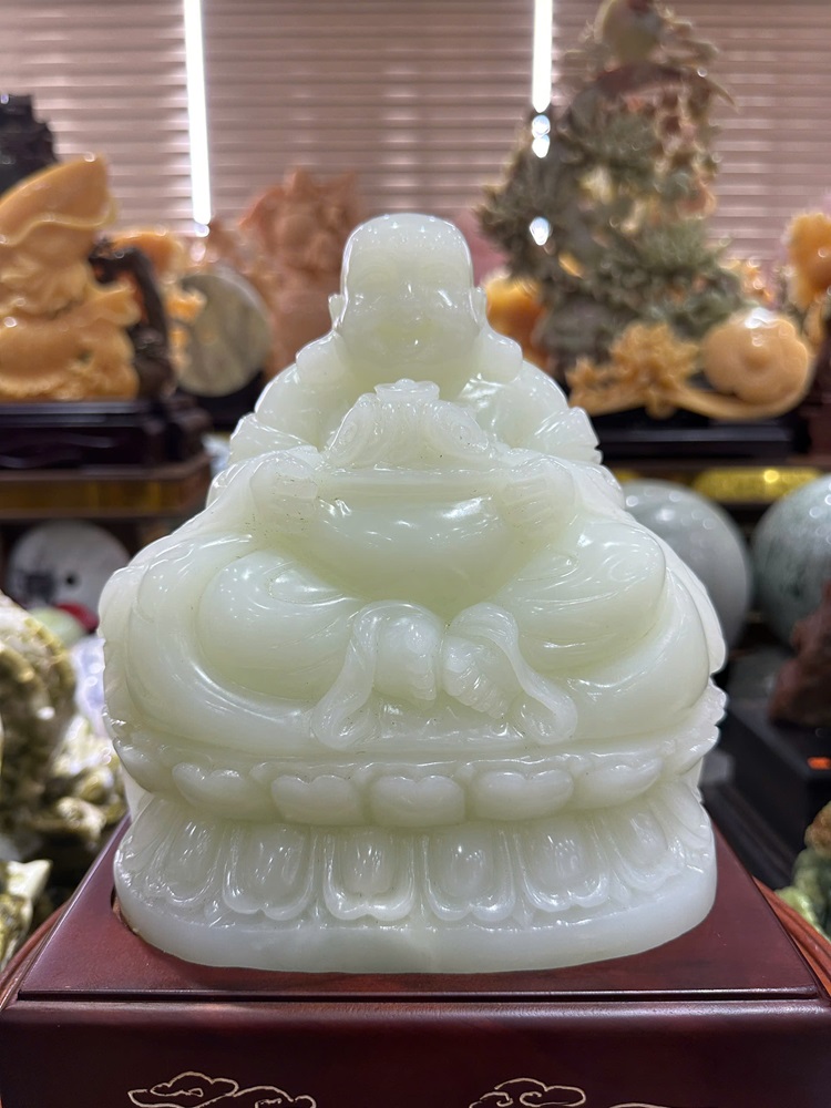 Thần tài di lặc thiền đài sen ngọc onyx xanh 30cm