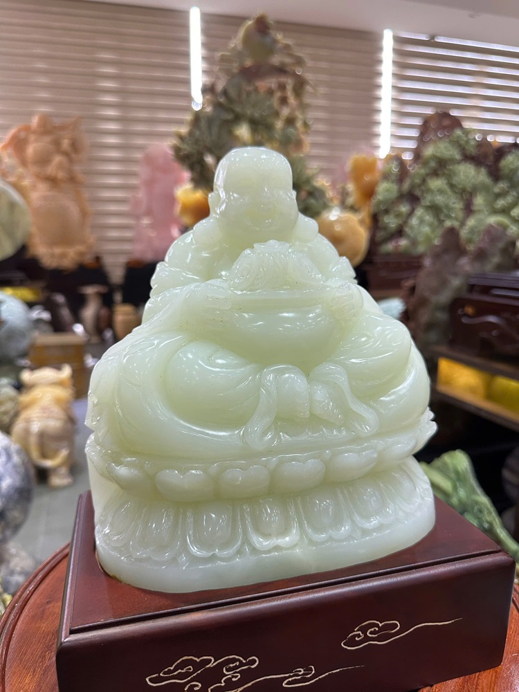 Thần tài di lặc thiền đài sen ngọc onyx xanh 30cm