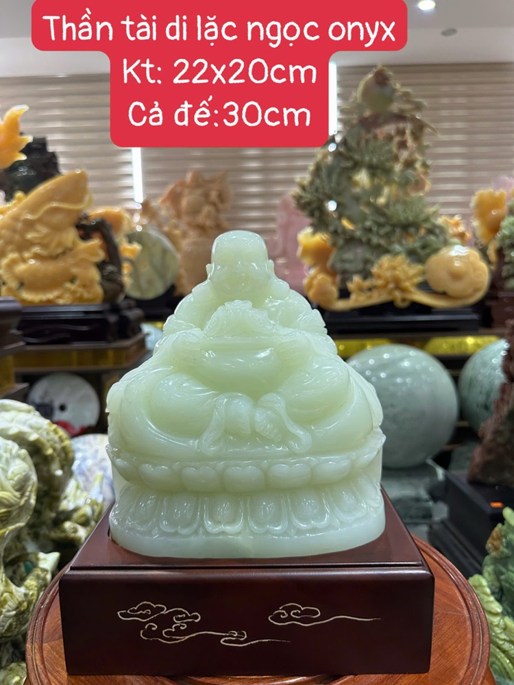 Thần tài di lặc thiền đài sen ngọc onyx xanh 30cm