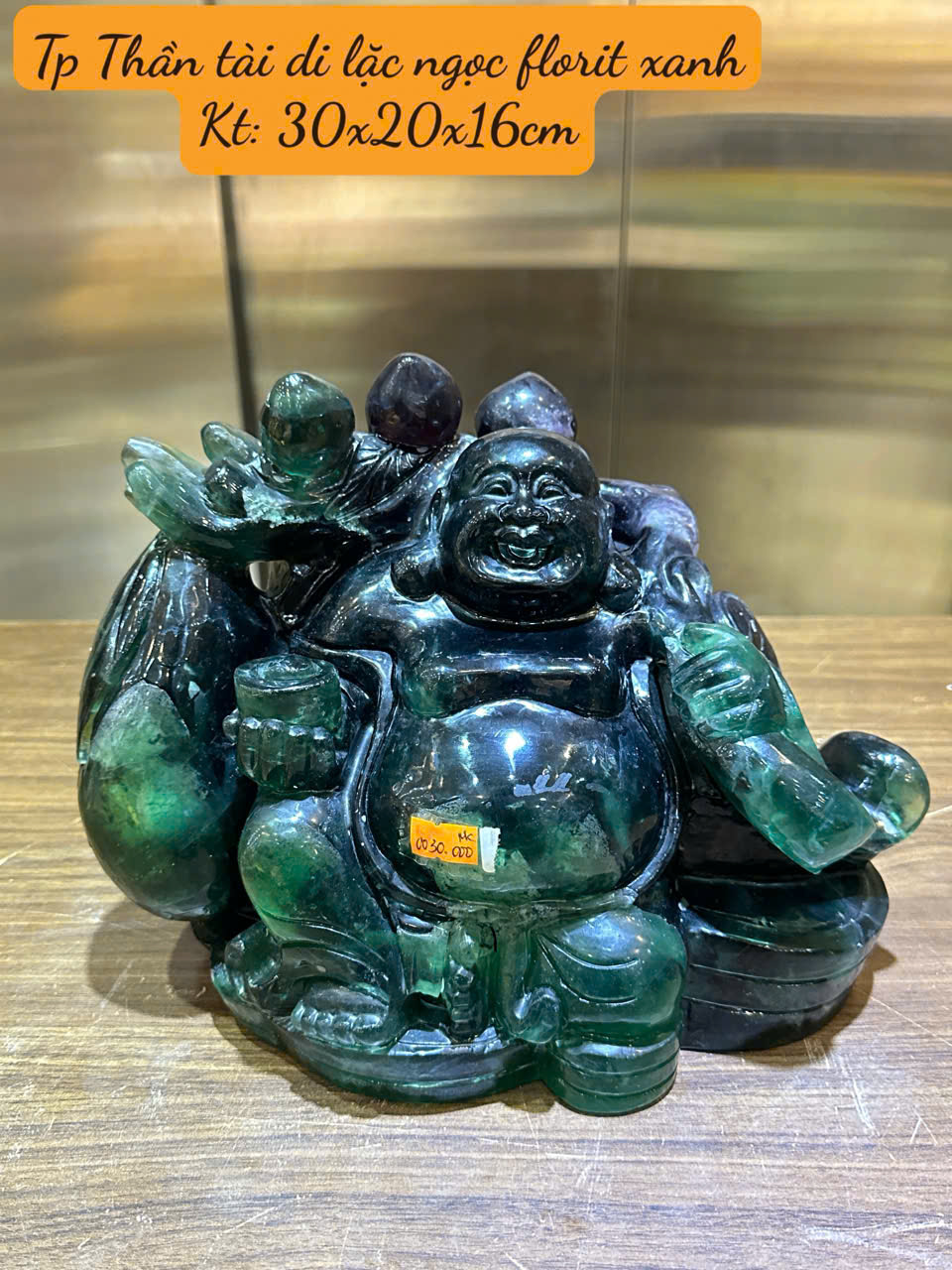 Thần tài di lặc vác tiền ngọc florit xanh 30cm