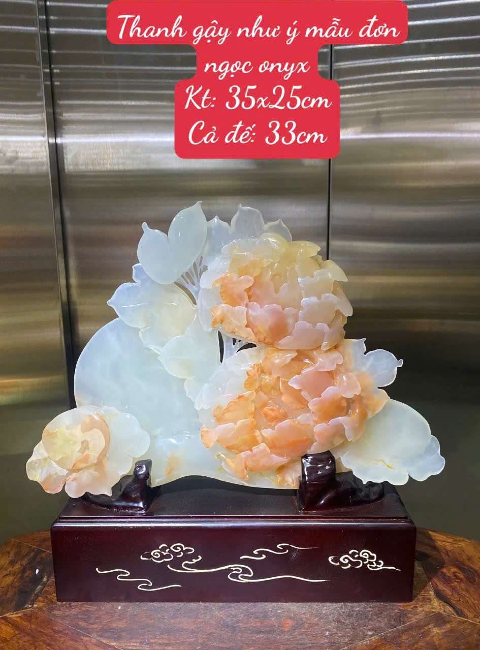 Thanh gậy như ý mẫu đơn ngọc onyx 35x25cm