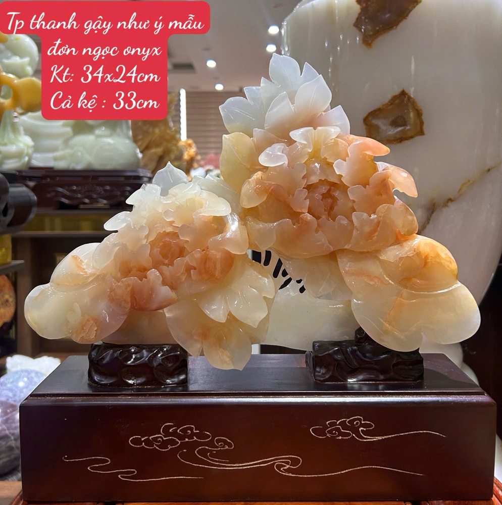 Tp thanh gậy như ý mẫu đơn ngọc onyx 34x24cm