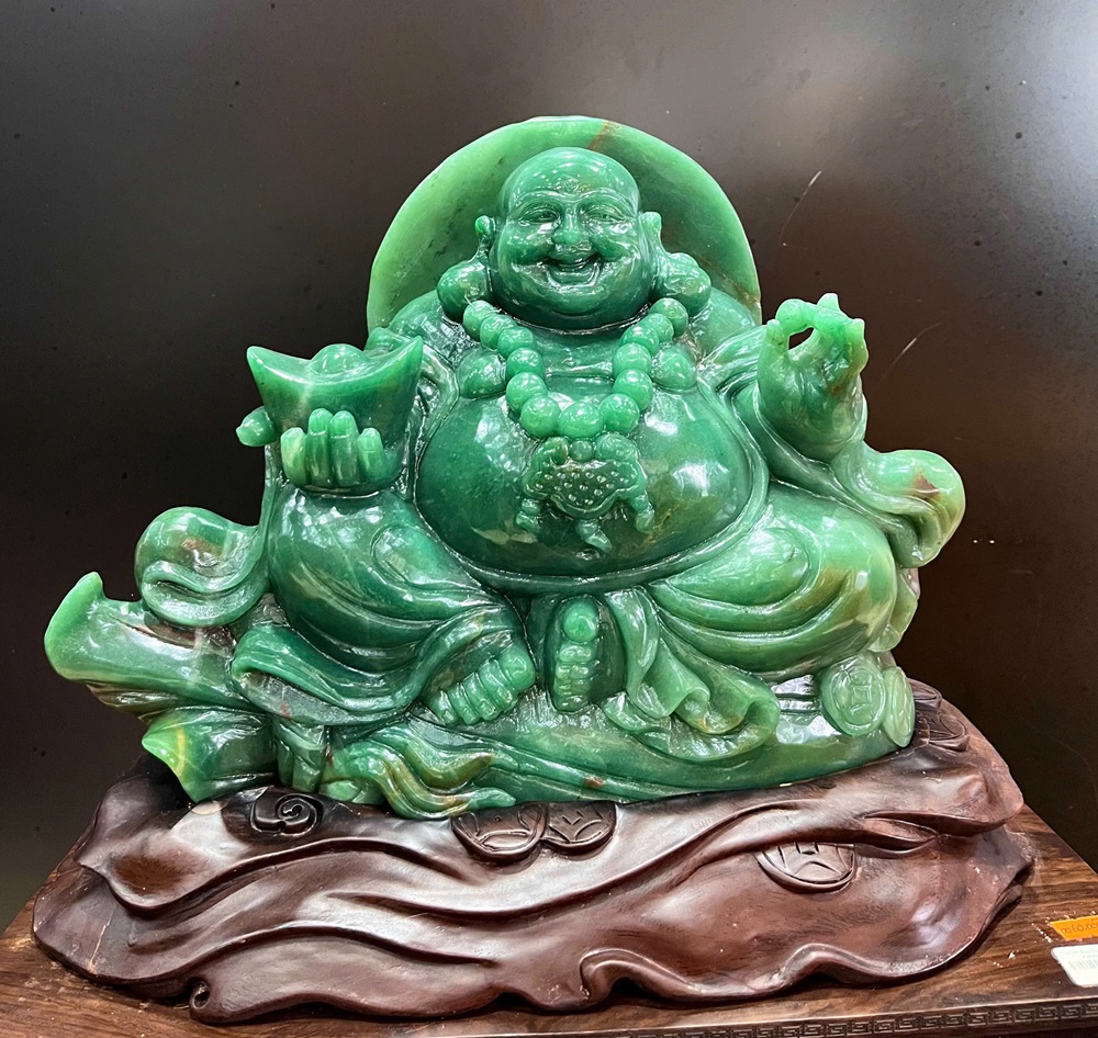 Tượng Di lặc ngồi túi tiền thạch anh xanh 47cm