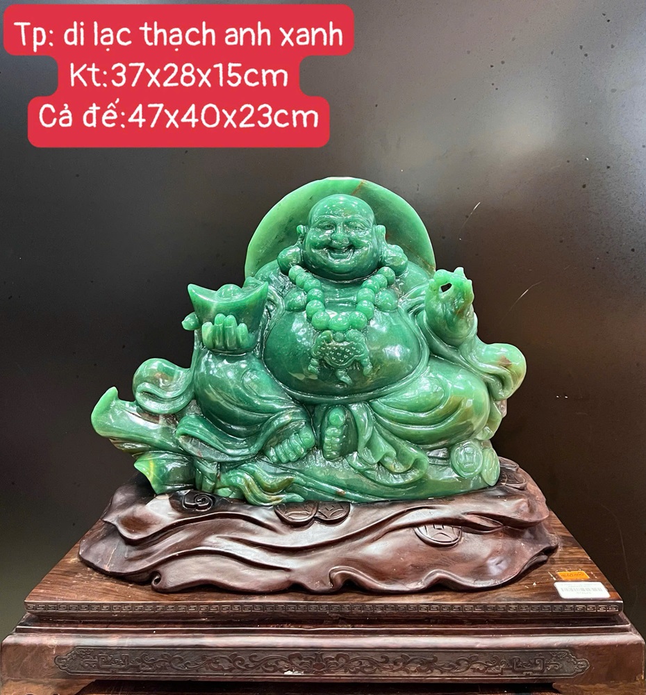 Tượng Di lặc ngồi túi tiền thạch anh xanh 47cm