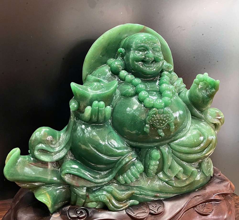 Tượng Di lặc ngồi túi tiền thạch anh xanh 47cm