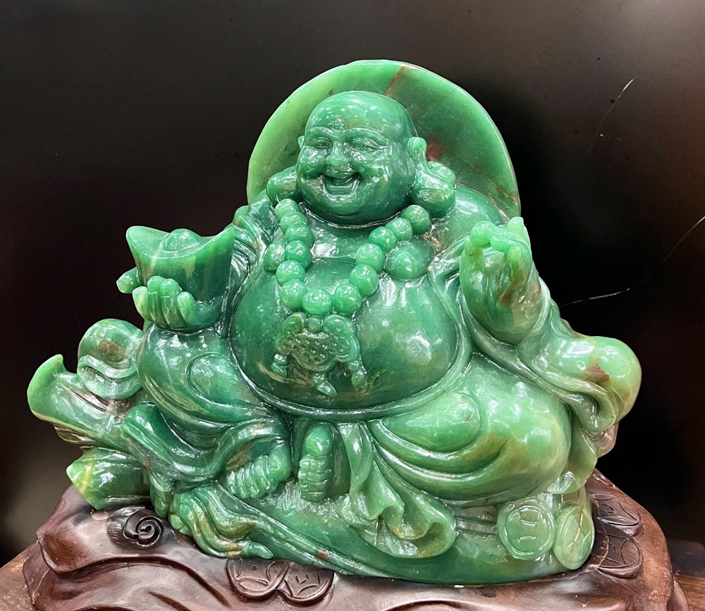 Tượng Di lặc ngồi túi tiền thạch anh xanh 47cm