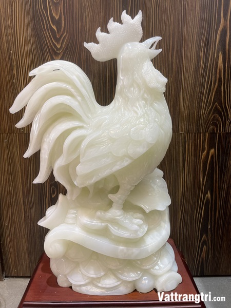 Tượng Gà trống tài lộc Ngọc onyx trắng 71cm