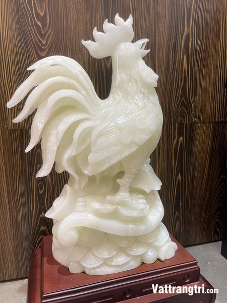 Tượng Gà trống tài lộc Ngọc onyx trắng 71cm