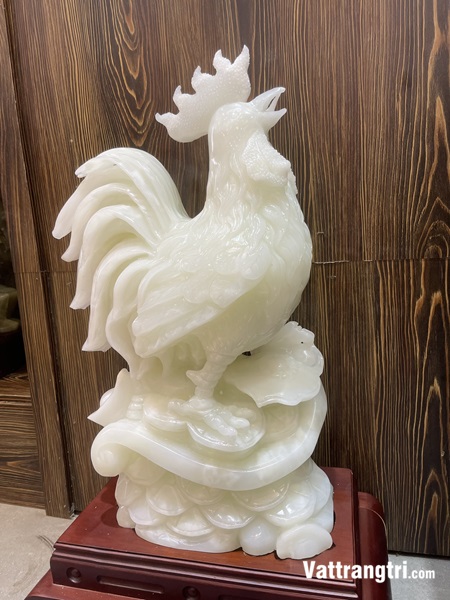 Tượng Gà trống tài lộc Ngọc onyx trắng 71cm