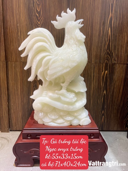 Tượng Gà trống tài lộc Ngọc onyx trắng 71cm