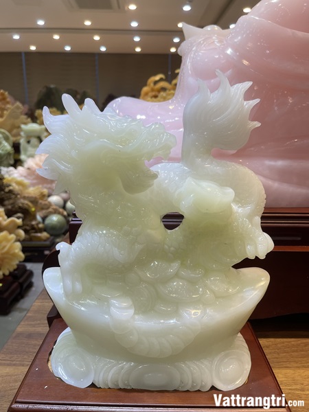 Tượng Nhất long quyền vương Ngọc onyx trắng 39cm