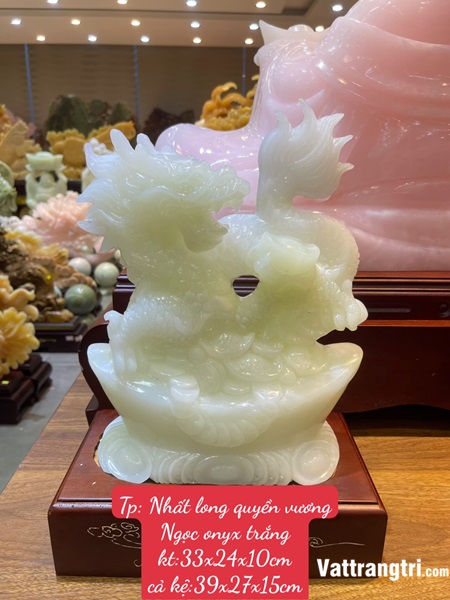 Tượng Nhất long quyền vương Ngọc onyx trắng 39cm