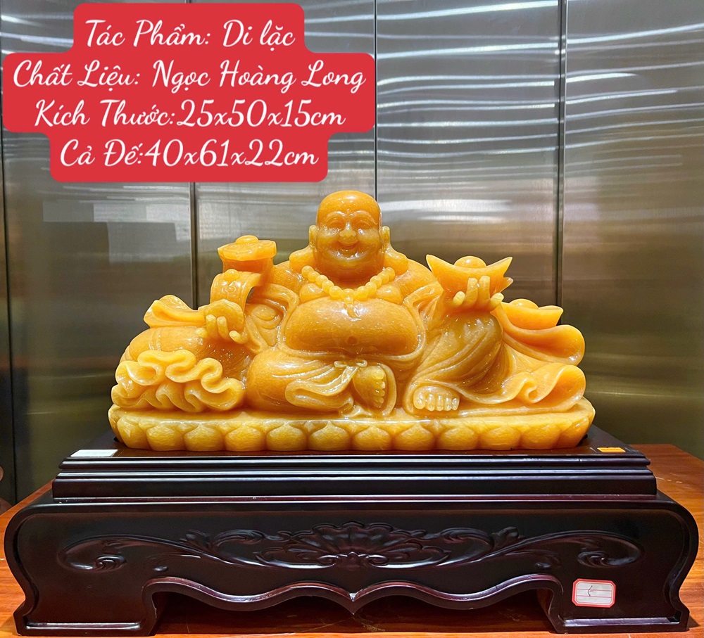 Tượng Phật Di Lặc ngồi trên túi tiền ngọc hoàng long 61cm