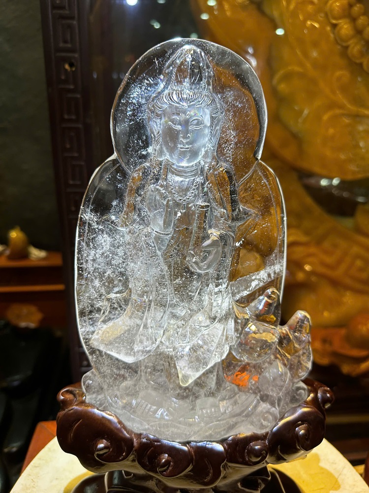 Tượng Quan Âm Bồ Tát Thạch Anh Trắng Trong 27cm