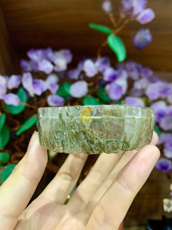 Vòng tay bản khúc thạch anh tóc xanh rêu 20,2mm