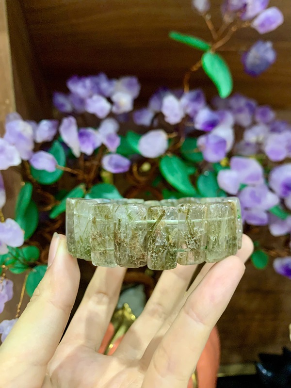 Vòng tay bản khúc thạch anh tóc xanh rêu 20,2mm