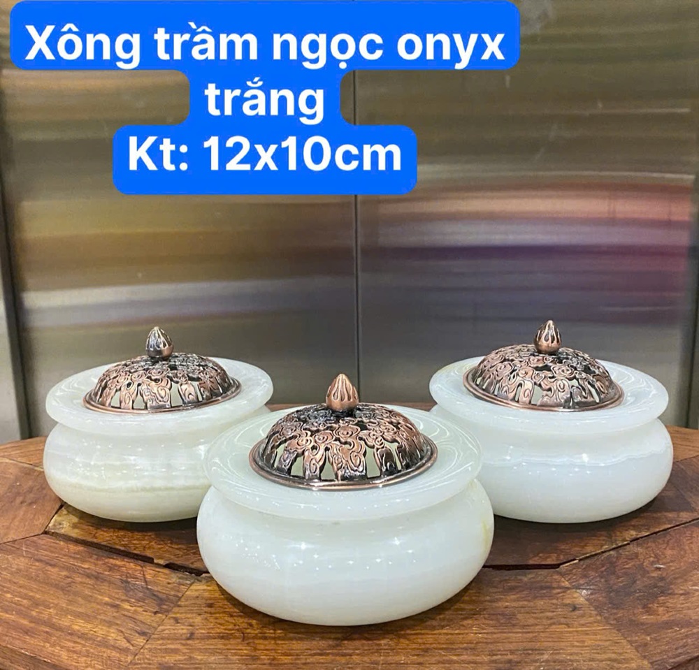 Xông trầm ngọc onyx trắng 12cm