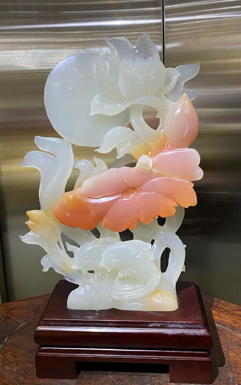 Song ngư liên hoa ngọc onyx 32x21cm