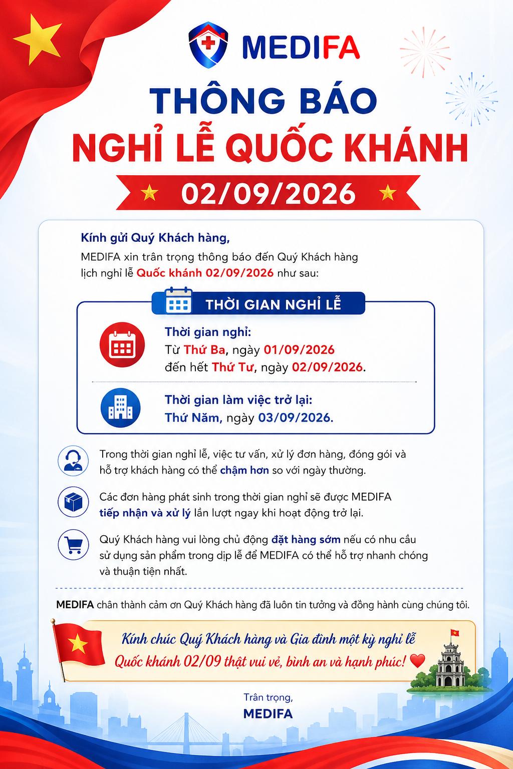 Thông Báo Lịch Nghỉ Lễ Quốc Khánh 02/09/2026 – Công Ty TNHH Thiết Bị Y Tế MEDIFA