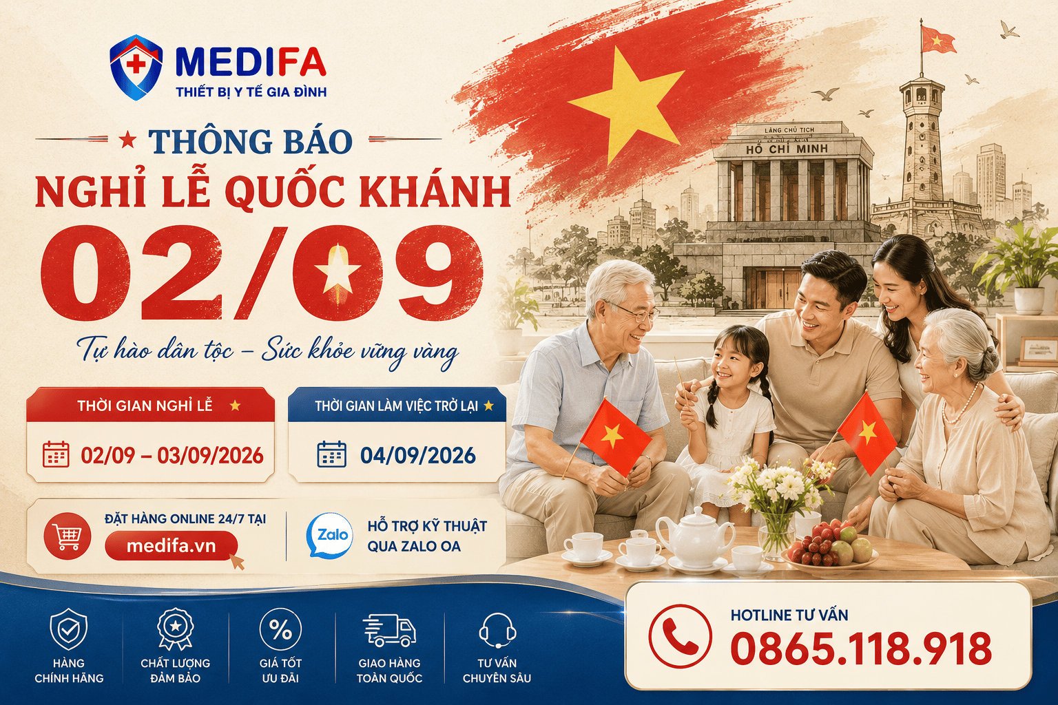 Thông Báo Lịch Nghỉ Lễ Quốc Khánh 02/09/2026 – Công Ty TNHH Thiết Bị Y Tế MEDIFA