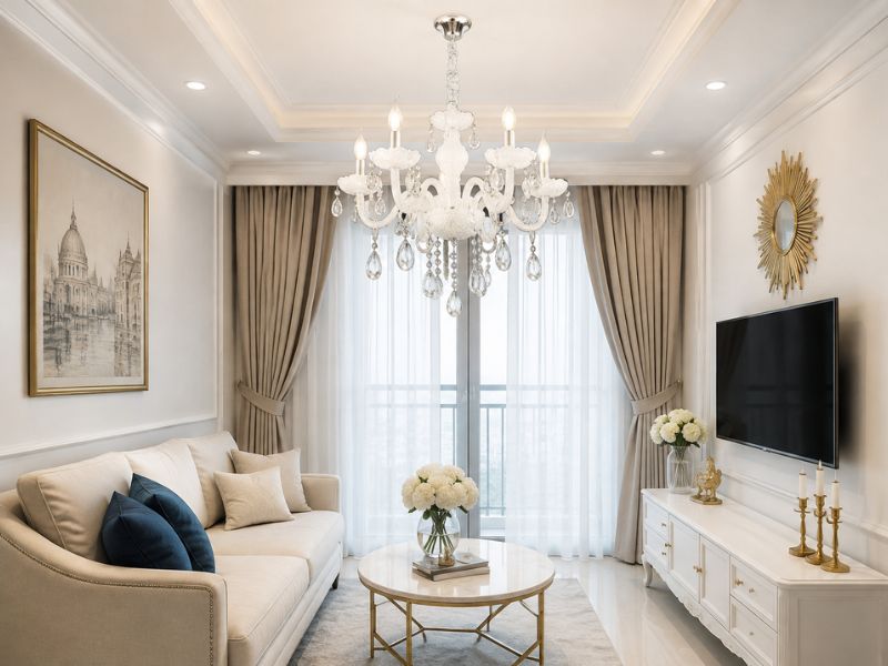 Cách chọn đèn chùm pha lê cân đối với diện tích phòng khách hiện đại