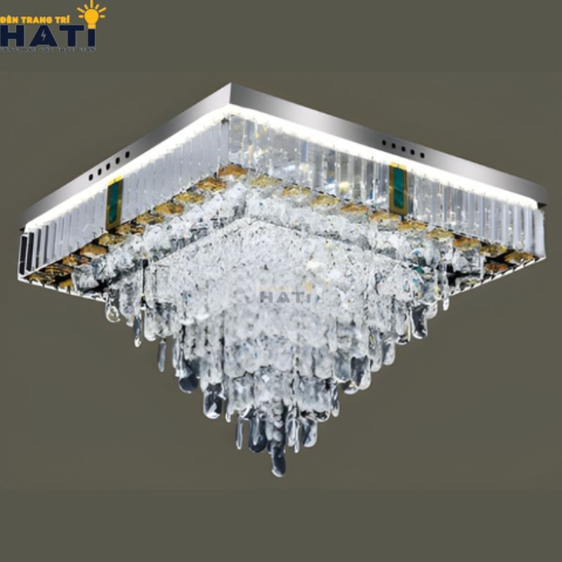 Đèn ốp trần pha lê vuông Hati lắp phòng khách hiện đại
