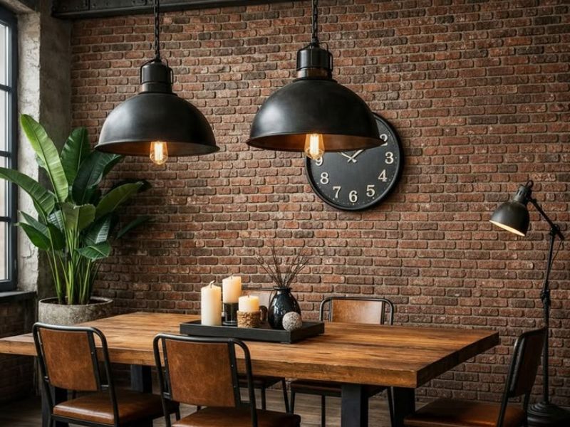 Không gian mở sử dụng đèn phong cách công nghiệp industrial kết hợp trần thô bê tông