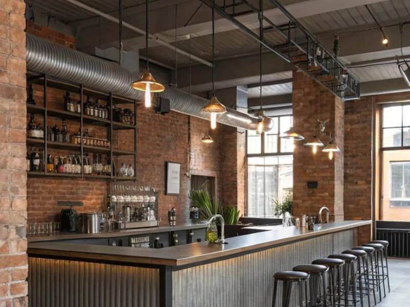 Không gian quán cafe ấm cúng sử dụng đèn phong cách vintage chao đồng và bóng edison