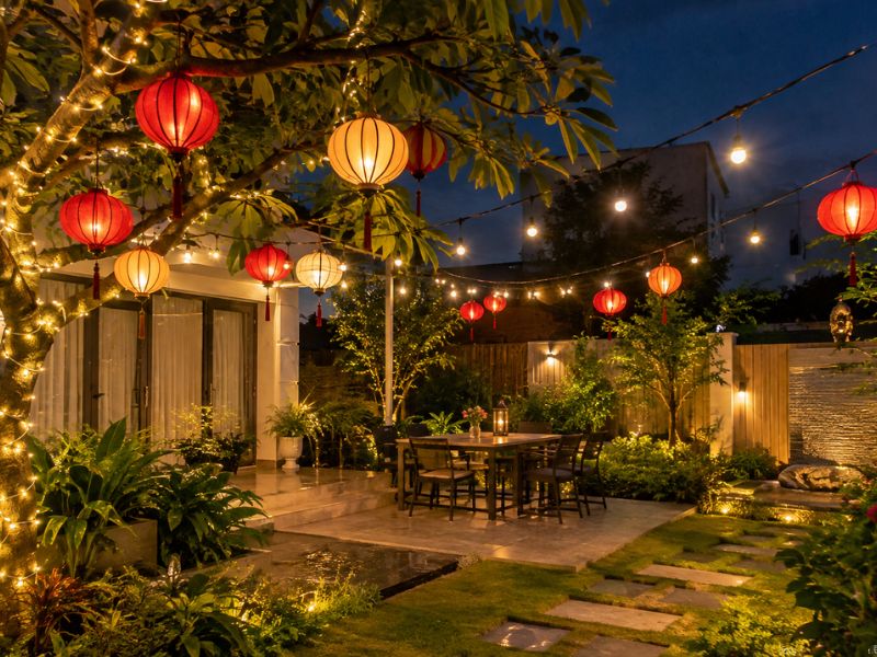 Phối hợp đèn lồng và đèn LED bàn trà ngắm trăng sân vườn với đèn trang trí trung thu