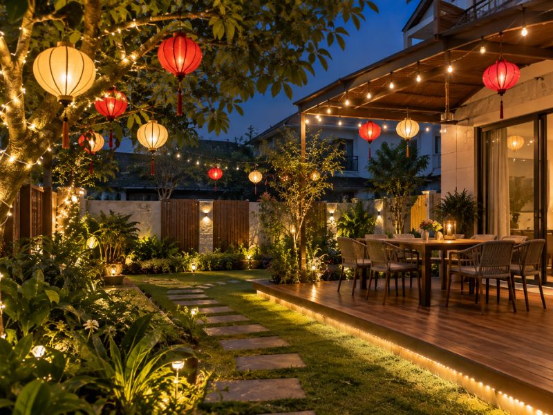 Trang trí lồng đèn và đèn led dây dọc lối đi