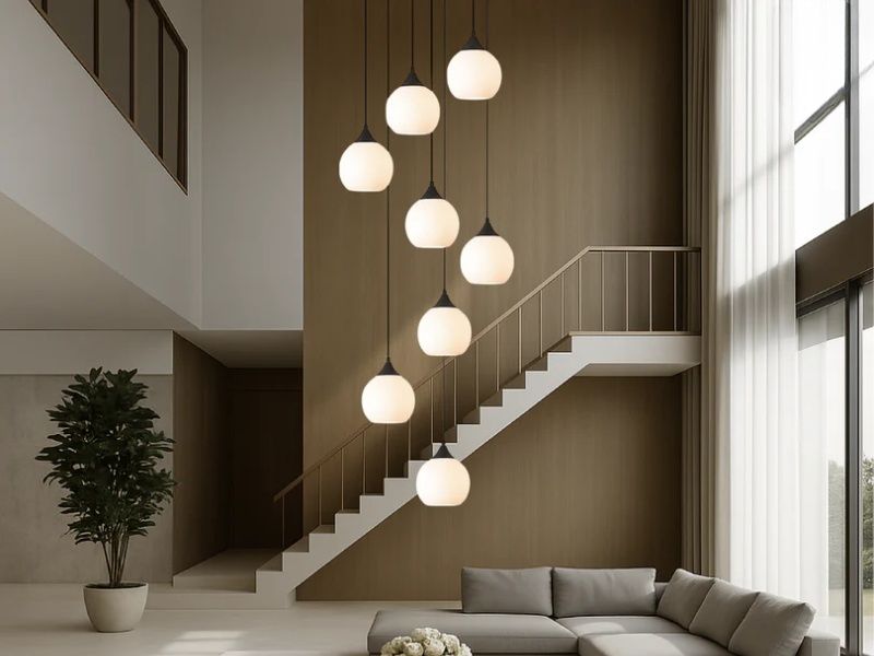 Kỹ thuật lắp đèn thả thông tầng nhà phố cân đối độ cao và chiều dài