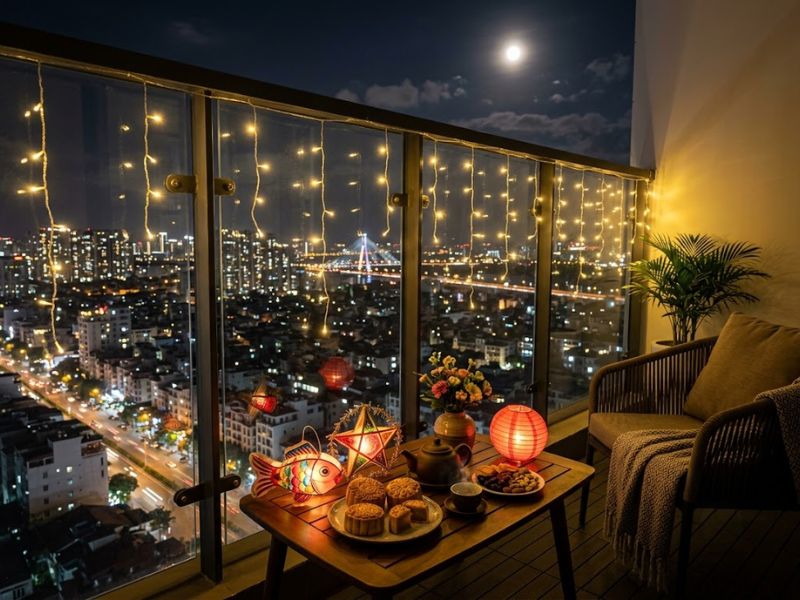 Rèm đèn LED dây trang trí lan can ban công đón Trung Thu ấm cúng