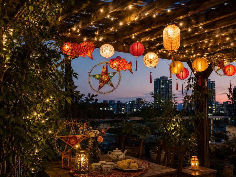 Trang trí đèn LED dây dọc lối đi sân vườn đón Tết Trung Thu