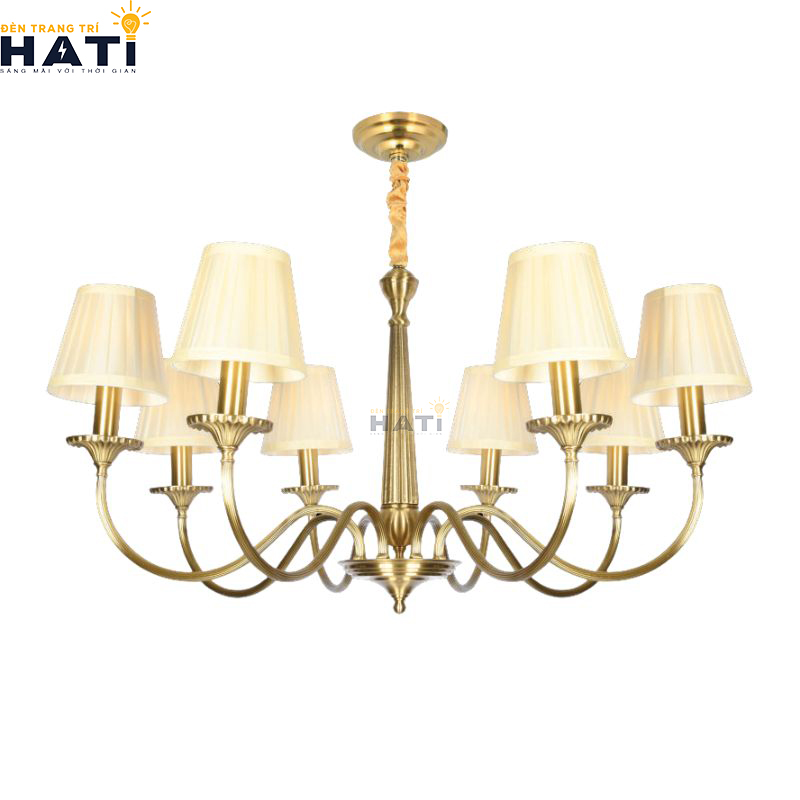 Tổng thể kiểu dáng tân cổ điển bề thế của Đèn chùm đồng nguyên chất Cipline 8 bóng ánh kim sang trọng tạo điểm nhấn quý phái cho không gian biệt thự