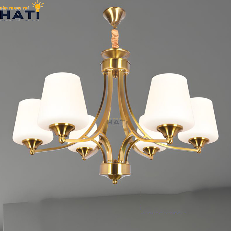 Tổng thể đèn chùm tân cổ điển Nally 6 bóng màu nâu ấm sang trọng