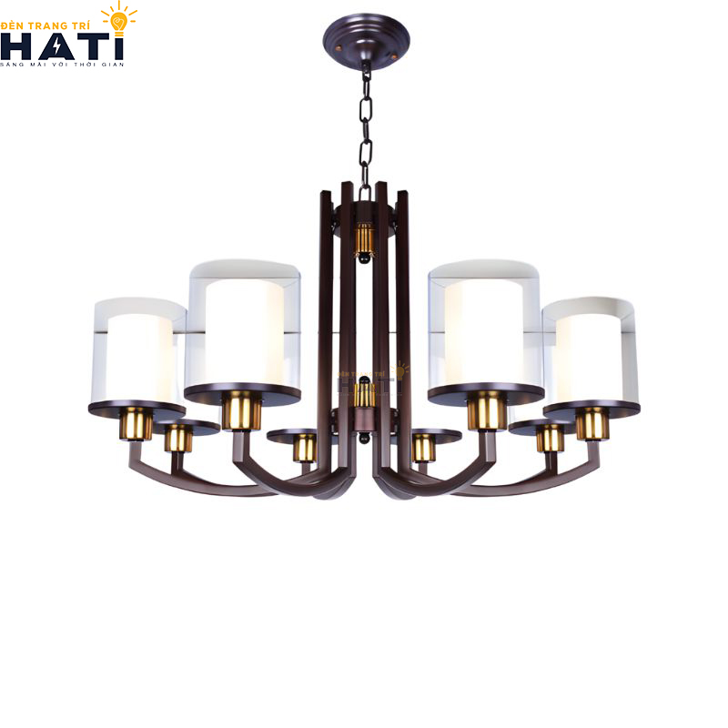 Chi tiết chao hoa thủy tinh mờ gia nhiệt và tay đúc uốn lượn đèn chùm Anized 8 bóng