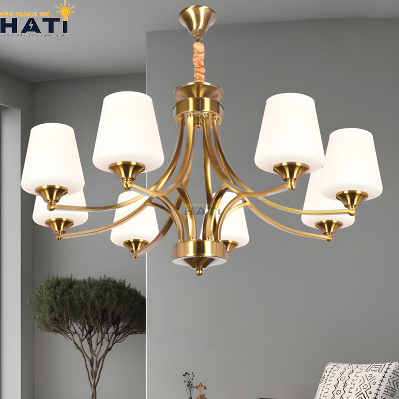 Tổng thể đèn chùm tân cổ điển Nally 8 bóng màu nâu đồng sang trọng
