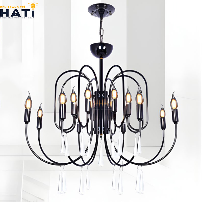 Tổng thể đèn chùm tân cổ điển Prising 8+8 bóng màu nâu đồng 2 tầng sang trọng