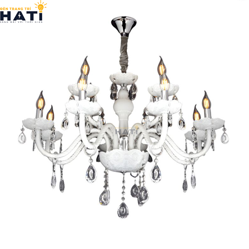 Cận cảnh chao hoa thủy tinh mờ gia nhiệt mẫu đèn chùm tân cổ điển Prac 12 bóng hướng luồng sáng gián tiếp lên trần thạch cao bảo vệ thị lực