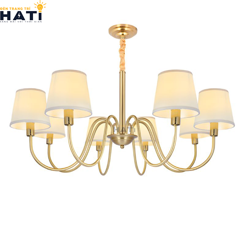 Cận cảnh chao hoa thủy tinh mờ gia nhiệt mẫu đèn chùm tân cổ điển Liable 8 bóng hướng luồng sáng gián tiếp lên trần thạch cao bảo vệ thị lực