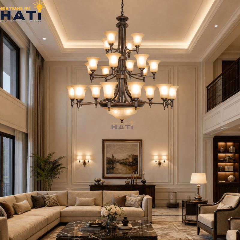 Cận cảnh chao hoa thủy tinh mờ gia nhiệt mẫu đèn chùm tân cổ điển Pipo hướng luồng sáng gián tiếp lên trần thạch cao bảo vệ thị lực