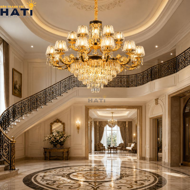 Thiết kế hình khối phân tầng sang trọng của Đèn chùm cổ điển Caring 10+5 bóng khung kim loại đầm nặng tôn vinh giá trị tổng thể của kiến trúc nội thất