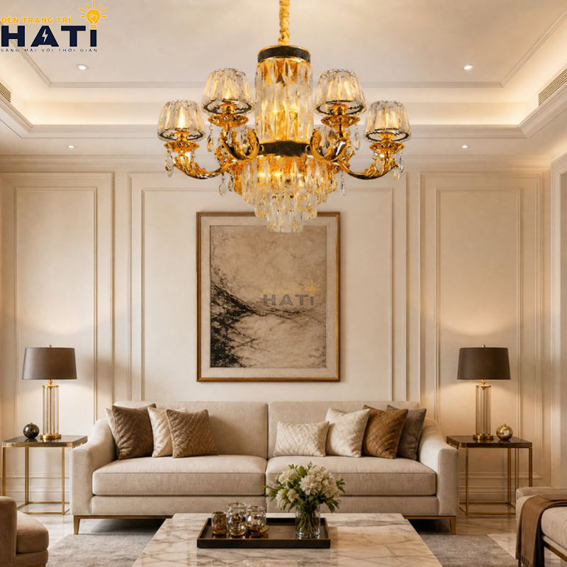 Bố cục đối xứng tâm thanh lịch của Đèn chùm cổ điển Caring 6 bóng màu nâu đồng giả cổ mang lại độ thông thoáng cho trần phòng khách căn hộ