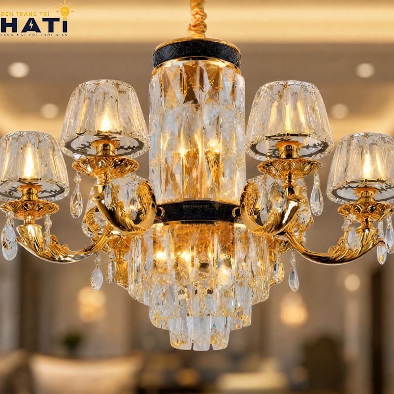 Khớp nối ngàm ren cơ khí CNC và tay uốn lượn đèn chùm tân cổ điển Caring 6 bóng giữ độ cân bằng tĩnh vững chãi tuyệt đối cho toàn bộ giàn đèn