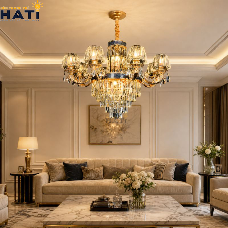 Cận cảnh chao hoa thủy tinh mờ gia nhiệt mẫu đèn chùm tân cổ điển Caring 8 bóng hướng luồng sáng gián tiếp lên trần thạch cao bảo vệ thị lực