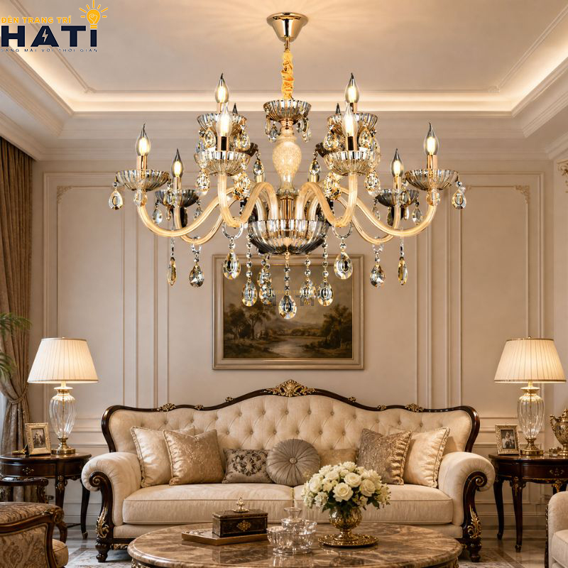 Diện mạo vương giả và cân đối của Đèn chùm cổ điển Inte 12 bóng màu nâu đồng giả cổ tạo điểm nhấn quý phái cho không gian biệt thự