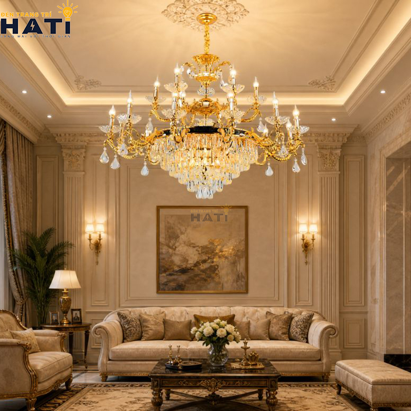 Thiết kế hình khối phân tầng sang trọng của Đèn chùm cổ điển Lligent 10+5 bóng khung kim loại đầm nặng tôn vinh giá trị tổng thể của kiến trúc nội thất