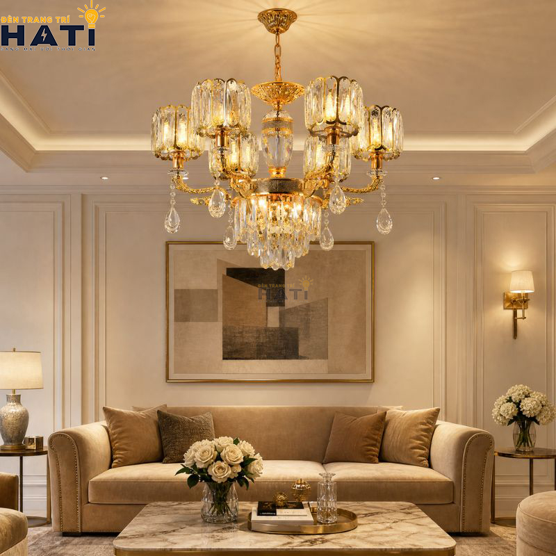 Bố cục đối xứng tâm thanh lịch của Đèn chùm cổ điển Organi 6 bóng màu nâu đồng giả cổ mang lại độ thông thoáng cho trần phòng khách căn hộ