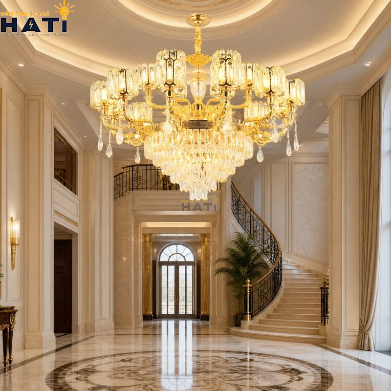 Cận cảnh chao hoa thủy tinh mờ gia nhiệt mẫu đèn chùm tân cổ điển Organi 8+4 bóng hướng luồng sáng gián tiếp lên trần thạch cao bảo vệ thị lực